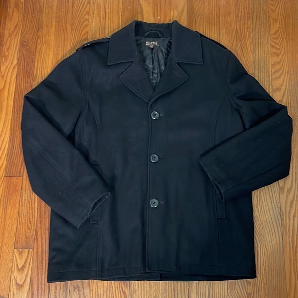 Michael Kors Black Wool Blend Pea Coat Jacket Men's XL Quilted Lining RN 121545